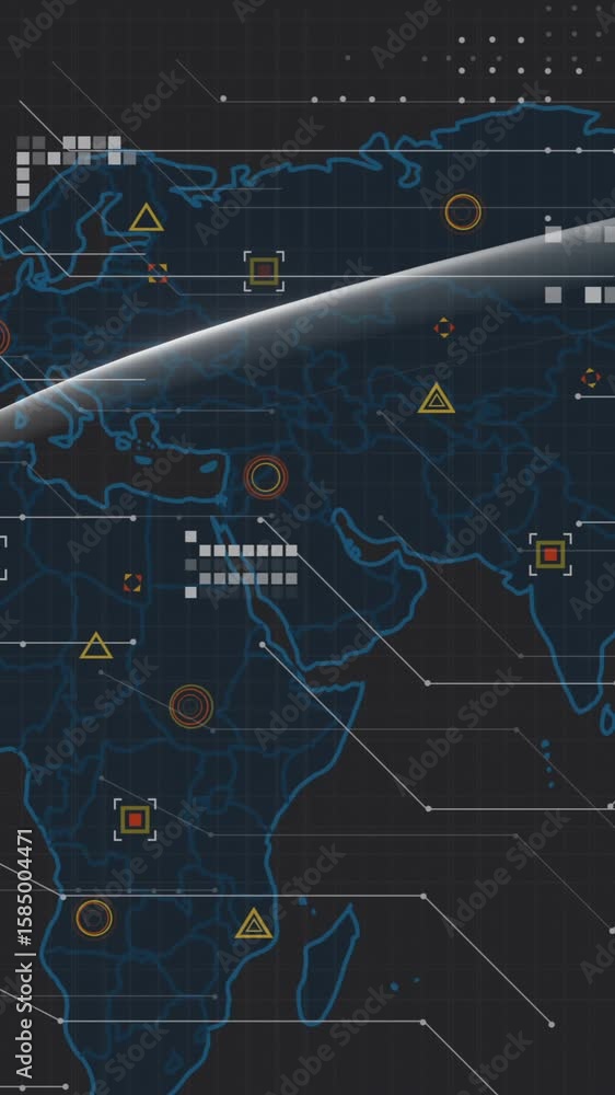 Poster global network connections and data processing animation over world map