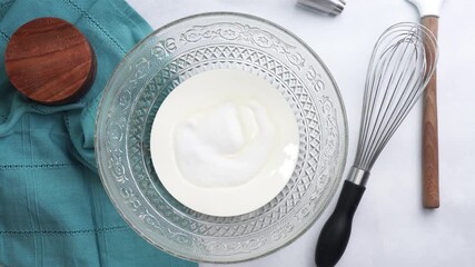 Making a dessert called Red Raspberry Tea Cake made with fresh berries and vanilla buttercream frosting. Great for Tea Parties. Mixing in the granulated sugar to the bowl and mixing into the batter. - Powered by Adobe