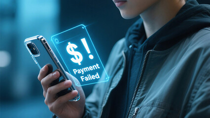 Person holding phone with payment failed message displayed on screen in a futuristic interface