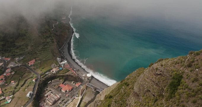 Waves In The Shoreline Of Beach From Lapas Negras In Sao Vicente, Madeira Island, Portugal. - aerial shot