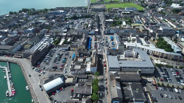 Dungarvan Waterford Ireland drone flying over town centre and the Square heart of busy seaside town in summer
