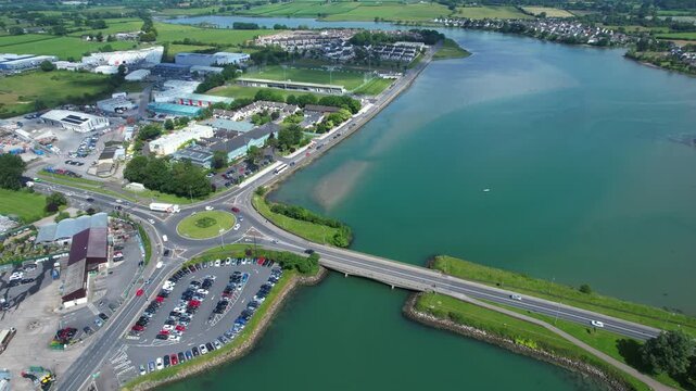 Aerial Dungarvan busy town traffic and transport river inlet tourist town