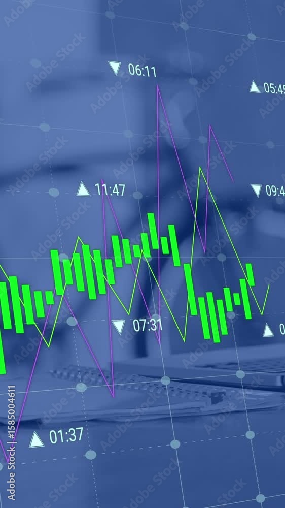 Poster animation of statistical data processing against laptop on office desk