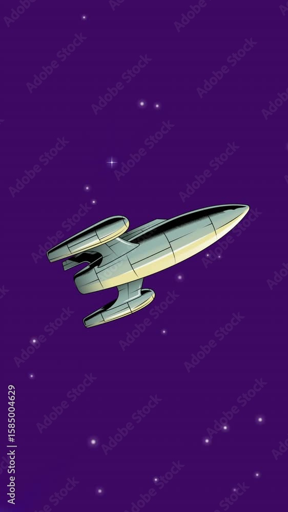 Wall mural animation of universe with spaceship and stars on purple sky