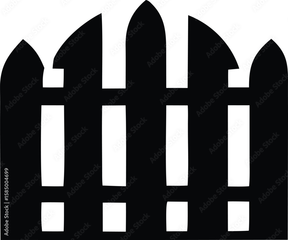 Poster a stylized black silhouette of a picket fence with pointed tops and rectangular openings representin