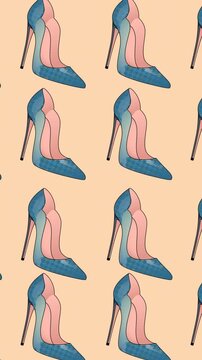 Animation of blue high heels repeated on orange backgroud