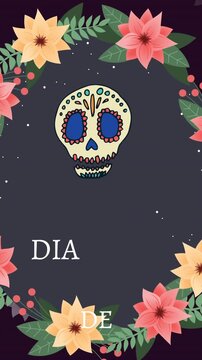 Animation of dia de los muertos and skull in circle of flowers on brown background