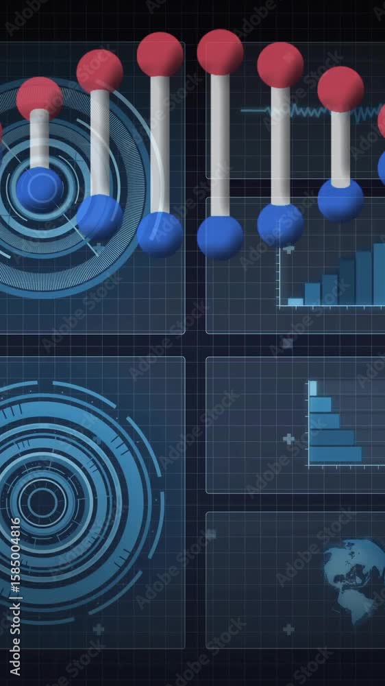 Poster dna strand with binary coding, processing scientific data in animation