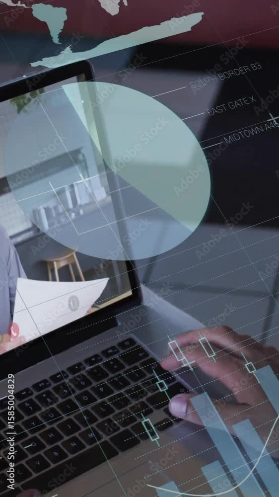 Poster person using laptop for video call with financial data animation overlay