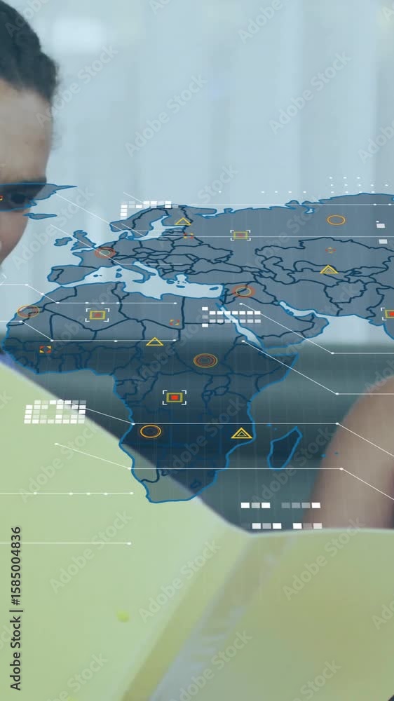 Poster two people discussing documents with world map and data overlay animation