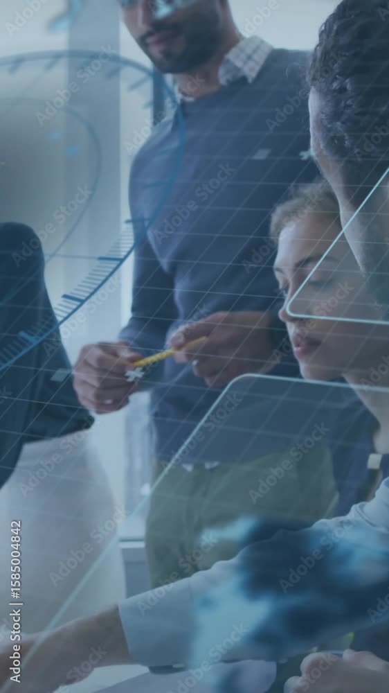 Poster collaborating with digital interface overlay, business team analyzing data in office