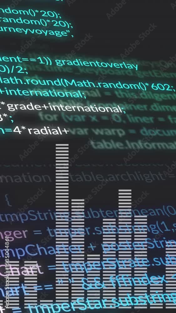 Poster digital code and bar graph animation over dark background with colorful text