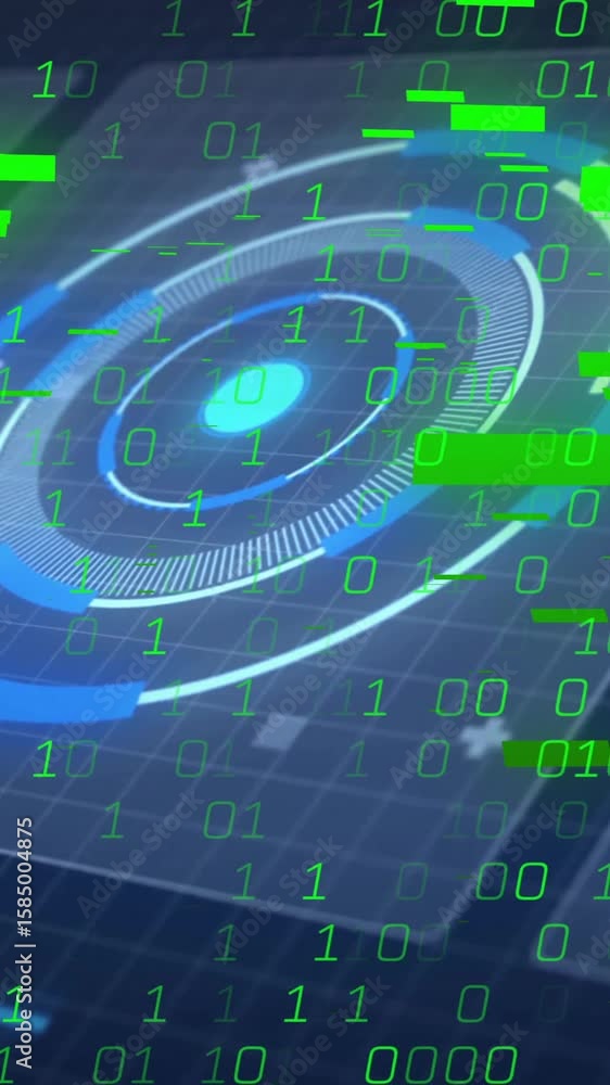 Poster Digital binary code and futuristic target interface animation over grid background