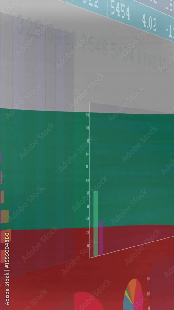 Poster overlaying digital data, colorful graphs and charts displayed on screen in animation