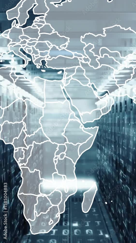 Aufkleber in technology center, animation of world map overlaying data servers in use