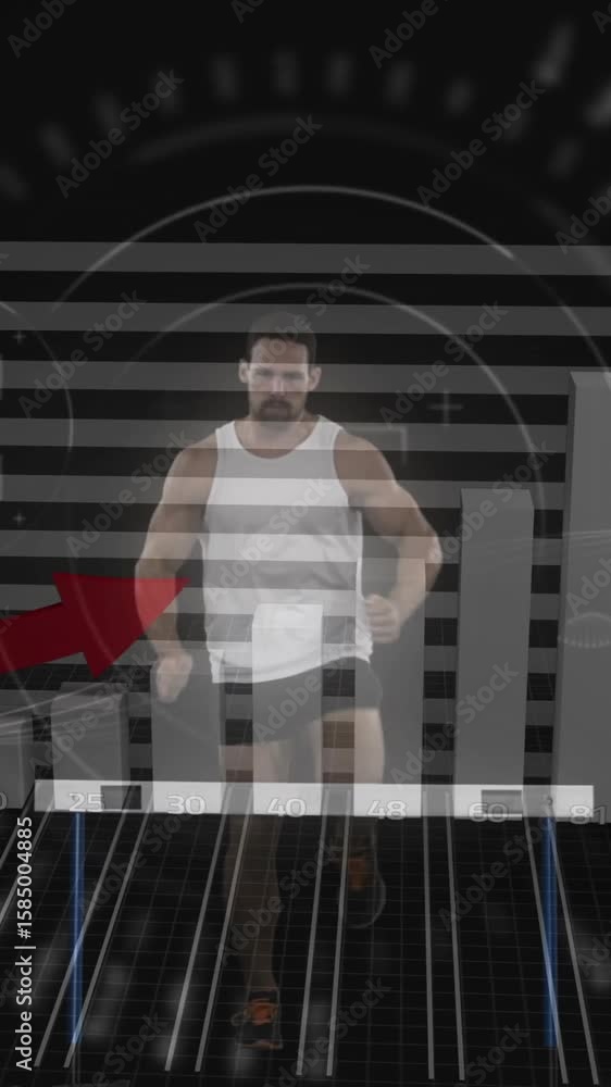 Poster athlete performing over bar graph with upward red arrow animation