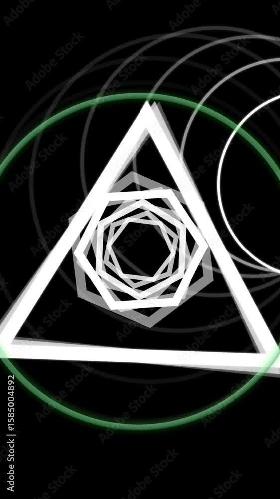 Poster animation of geometric shapes and circles forming abstract pattern on black background