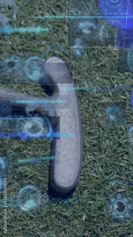 Poster hockey stick and ball on grass with digital data processing animation overlay