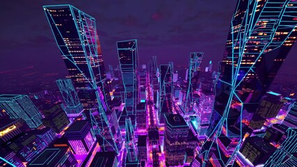 AI-generated of an aerial view of vibrant cyberpunk cityscape against a dramatic twilight sky - Powered by Adobe