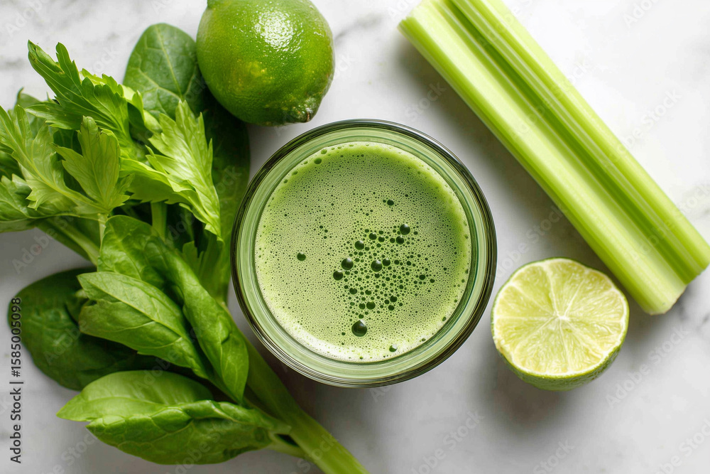 Poster a glass of green juice is on a table with a bunch of celery and a lime