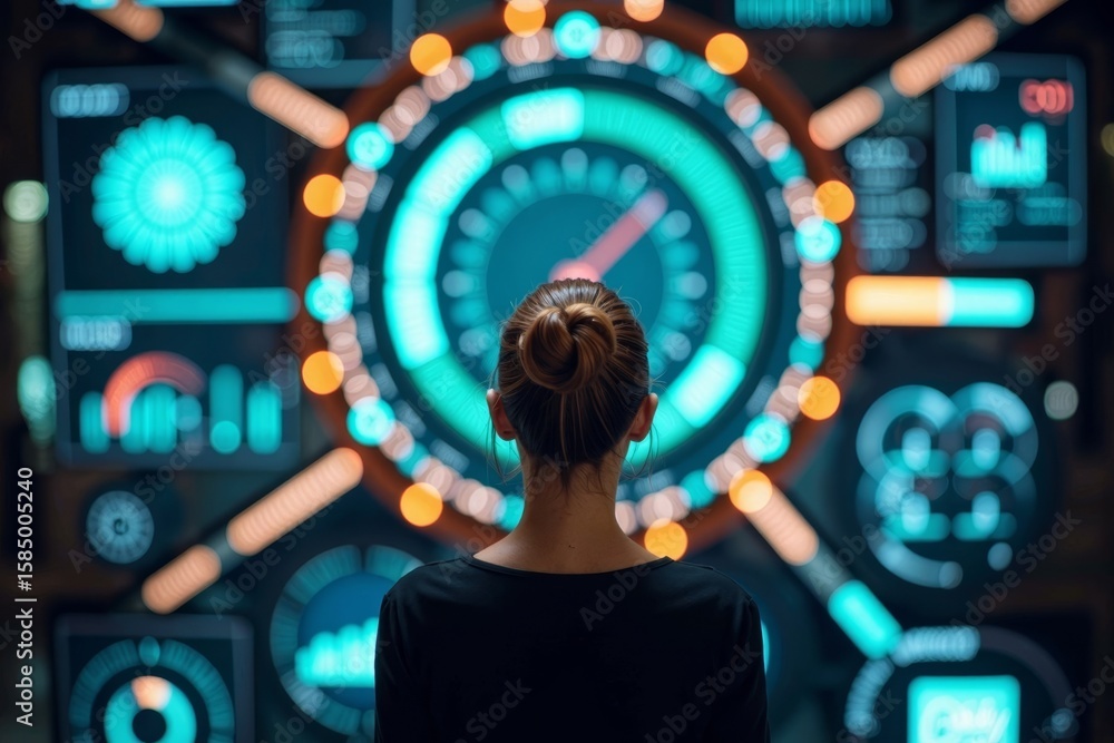Poster elevated view of a businesswoman encircled by illuminated digital screens showing live data and anal