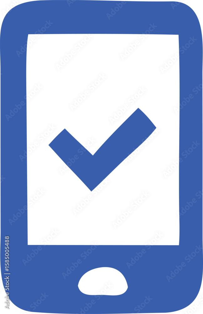 Poster simple blue hand drawn smartphone icon with a white checkmark inside representing success or complet