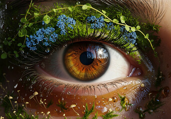 Hyperrealistic close-up of brown human eye surrounded by plants, moss, and water droplets in a surreal nature fusion