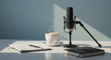 Podcast setup with steaming coffee and notebook for creative inspiration