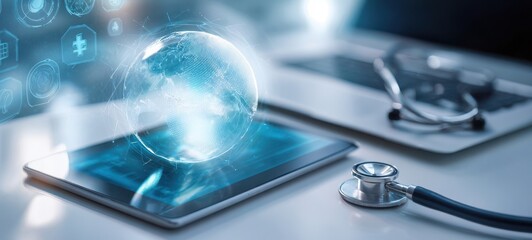 The innovative tablet displaying a digital globe for healthcare solutions.