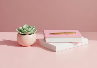 Minimalist workspace with succulent plant, pink notebook, and golden pen on pastel background