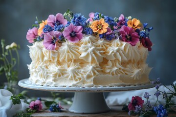 Delicate Cake With Blue And Pink Flowers