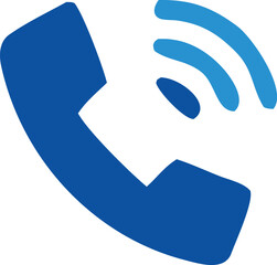 A modern blue icon depicting a telephone handset with radiating signal waves symbolizing communication and connectivity
