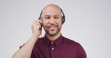 Call center, microphone and listening with man in studio for customer support, contact us and crm....