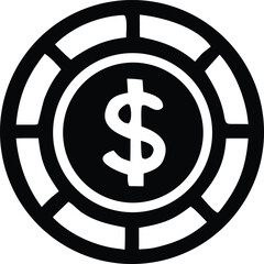 A black and white graphic icon representing a casino chip featuring a prominent white dollar sign at its center