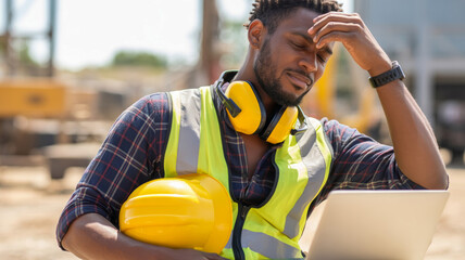 Heat stroke. Construction worker safety vest yellow helmet outdoor heat fatigue headache,sunstroke,exhaustion,hot weather,heat summer,sun exposure,dehydration in high temperature overheating