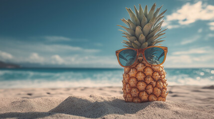 Pineapple's Summer Style: An anthropomorphic pineapple dons cool sunglasses, embodying the essence of summer relaxation on a sunny beach.