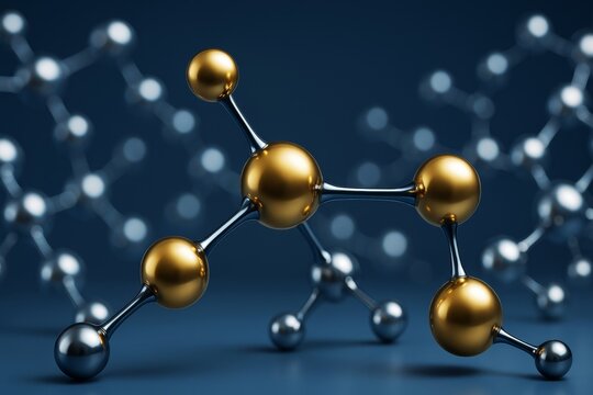 Abstract molecular structure with golden and silver spheres connected by rods on a dark blue background, symbolizing science and innovation. - Powered by Adobe