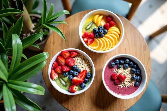 Tropical Paradise at a Trendy Cafe: Aerial View of Colorful Exotic Fruit Smoothie Bowls and Lush Plants on a Sunny Day - Powered by Adobe