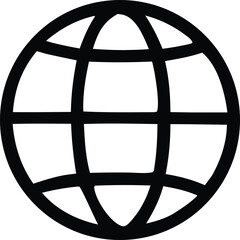 A simple black and white graphic representation of a globe with intersecting lines symbolizing global connectivity and the internet