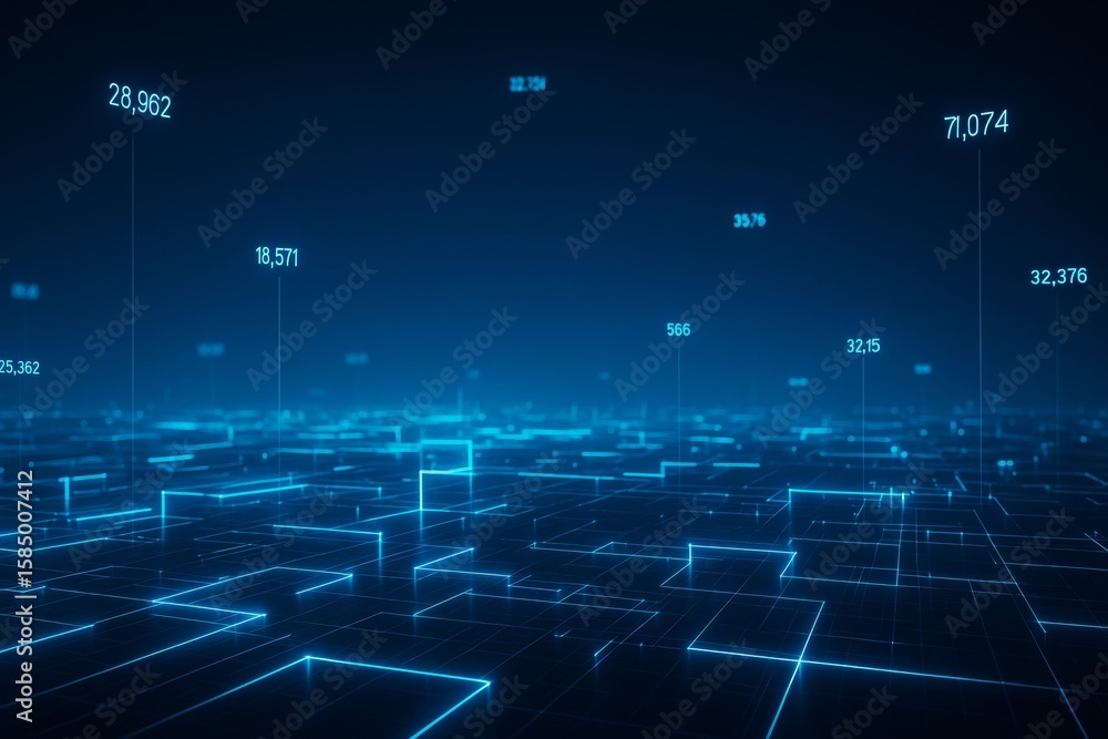 Poster digital futuristic data landscape with glowing grid and floating numerical data points on a dark blu