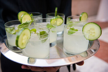 Cucumber Mint Cocktails on Silver Tray at Wedding Reception