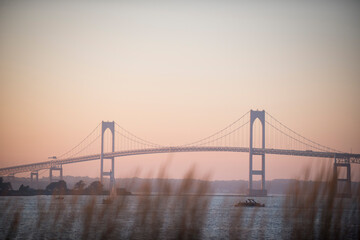 bridge, sunset, water, boats, sailboat, architecture, suspension
