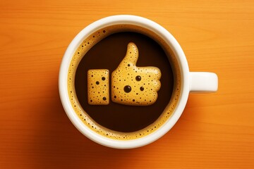 Coffee cup with thumbs up foam symbol on dark coffee surface on wooden table background, symbolizing positive energy and good vibes concept.