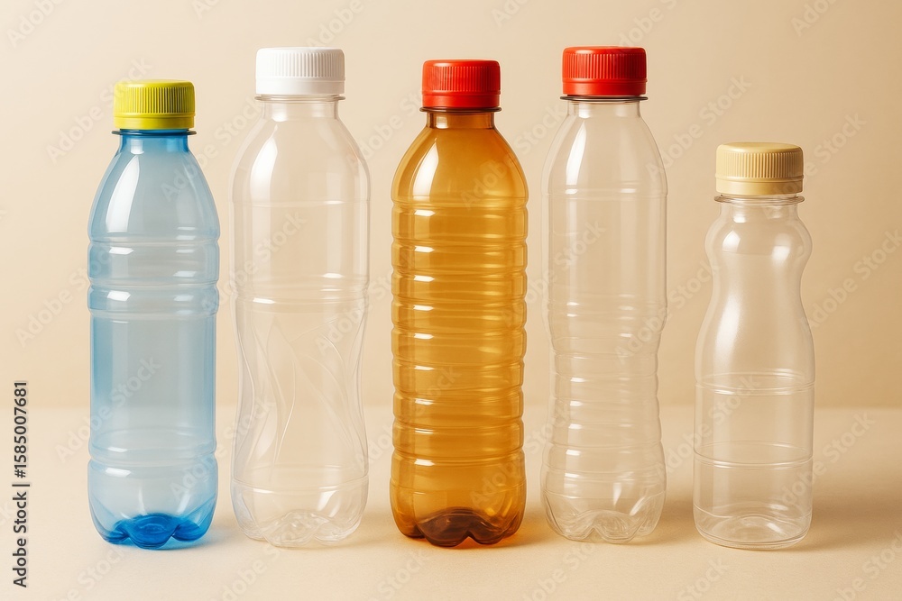 Aufkleber assorted empty plastic bottles with colorful caps standing upright on a neutral beige background in 