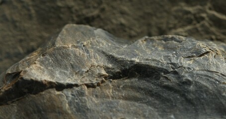 Close-up of cracked dark slate rock with layered texture and rough split