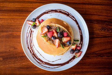 Overhead View of Breakfast Pancakes and Fruit