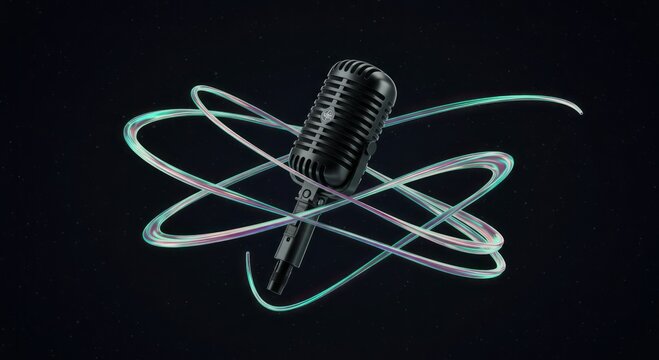 Vintage microphone with swirling iridescent light trails on dark background