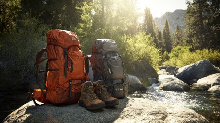 The hiking backpacks and boots resting on a rock by the river.