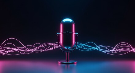Retro microphone illuminated by neon waves of pink and blue light