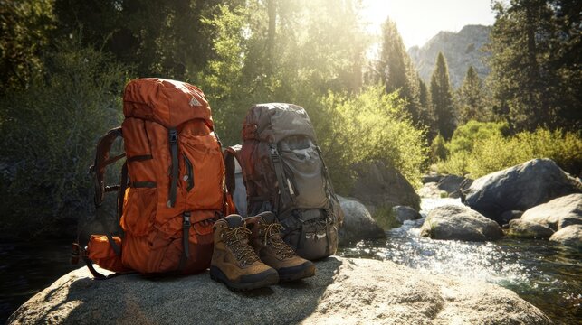 The hiking backpacks and boots resting on a rock by the river.